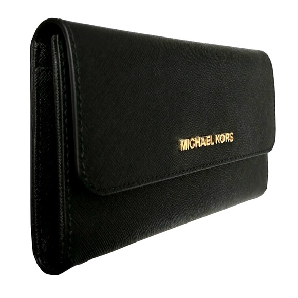 Michael Kors Handbags - Michael Kors Womens Jet Set Travel Large Trifold Leather Wallet, Black